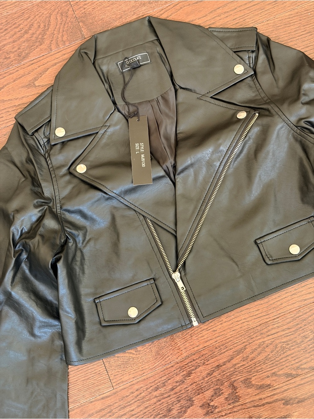 Chocolate Black Faux Leather Cropped Moto Jacket with Gold Hardware